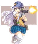  Tags: blue eyes,braid (braids),girl,gun,long hair,open mouth,original,peaked cap,pistol,shot,silver hair,single,skirt,tall image,themare (artist),thighhighs,weapon,white thighhighs