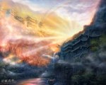  Score: 36 Tags: building (buildings),cloud (clouds),fog,from behind,hieroglyph,hiliuyun (artist),landscape,long hair,mountain,rainbow,river,rock,single,sky,stone,sun,sunrise,sword,tree (trees),water,waterfall
