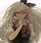  Tags: blonde hair,bow,finger to mouth,girl,green eyes,hair bow,logn hair,long hair,looking at viewer,puffy sleeves,rii (artist),simple background,single,sonia nevermind,super dangan ronpa 2,tall image,white