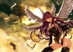  Score: 26 Tags:  airship bird_(birds) cloud_(clouds) flying_castle girl pointy_ears purple_hair red_eyes sky thighhighs wings 