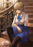  Score: 61 Tags: blonde hair,cake,cup,fate (series),fate/stay night,girl,green eyes,highres,liuruoyu8888,pantyhose,saber,short hair,single,sitting,skirt,tall image