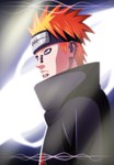  Tags: akatsuki,bandana,bloodreal,cloak,light,male,naruto,orange hair,pain (naruto),piercing,purple eyes,rinnegan,short hair,solo,tall image