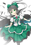  Score: 24 Tags: black hair,black thighhighs,dress,frills,girl,green eyes,hair bow,highres,long hair,open mouth,reiuji utsuho,single,tall image,touhou,wings,zukapin