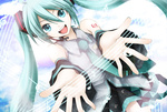 Score: 9 Tags: aqua eyes,aqua hair,bare shoulders,:d,detached sleeves,foreshortening,girl,hatsune miku,headphones,kuromayu (artist),musical note,necktie,open mouth,skirt,smile,solo,spread arms,twintails,very long hair,vocaloid
