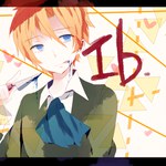  Tags: blonde hair,blue eyes,girl,Ib (game),inscription,knife,mary (Ib),:p,short hair,solo,tongue