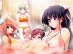  Tags: aqua eyes,bath,bikini,brown eyes,cleavage,game cg,gengetsu no pandora (game),light erotic,long hair,orange hair,purple eyes,purple hair,red hair,scar,short hair,towel,white hair