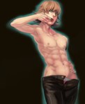  Score: 18 Tags: aqua eyes,barnaby brooks jr,blonde hair,dark,finger to mouth,hand on hip,light erotic,male,midriff,open mouth,ourobunny,pants,short hair,single,standing,tall image,tattoo,tiger & bunny