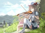 Score: 9 Tags:  blonde_hair bow church flower_(flowers) gloves green_eyes hat mountain navel shiokonbu skirt violin white_thighhighs 