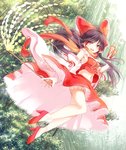 Score: 9 Tags: black hair,blush,bow,detached sleeves,floating,girl,gohei,hair bow,hair tubes,hakurei reimu,lace,long hair,looking at viewer,miko,mikoma sanagi,navel,ofuda,open mouth,scarf,single,tall image,touhou,traditional clothes,tree (trees),wide sleeves