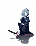  Score: 72 Tags: blade,blood,blue eyes,bow,braid (braids),cuffs,dagger,dress,frills,girl,grey hair,izayoi sakuya,looking at viewer,maid,maid headdress,pizaya,shadow,short hair,simple background,sitting,solo,tall image,touhou,weapon,white