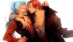  Tags: 2boys,blue hair,buggy the clown,clown,face to face,facial mark,hug,long hair,male,nobu10,one piece,open mouth,ponytail,red hair,scar,shanks,short hair,simple background,smile,white (monochromatic),wide image