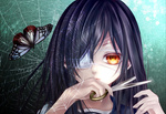  Score: 52 Tags: black hair,butterfly,eyepatch,girl,long hair,looking at viewer,original,scissors,shio (blacksio),web,yellow eyes