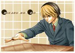  Score: 18 Tags: bicolored hair,black hair,blonde hair,brown eyes,coreymill,frame,go,go board,hikaru no go,male,shindou hikaru,short hair,solo,suit,two-tone hair