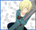  Tags: baccano!,blonde hair,blue eyes,blush,bunbun (pixiv),frame,gloves,graham specter,hair over one eye,male,overalls,short hair,solo,wrench