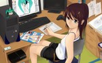  Score: 45 Tags:  additional attachments computer drawing girl glasses green eyes hatsune miku highres keyboard looking back magazine painting picture ponytail shorts table tail vocaloid wallpaper widescreen 