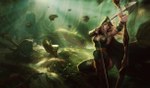  Tags: arrow (arrows),ashe (league of legends),blonde hair,blue eyes,bow (weapon),cloak,forest,girl,leaf (leaves),league of legends (game),long hair,plant (plants),thighhighs,wide image