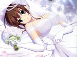  Tags: blue eyes,bouquet,brown hair,dress,elbow gloves,flower (flowers),girl,gloves,hatsukoi 1/1,highres,koizumi amane,looking at viewer,lying,petals,short hair,single,tokizaki maya,wedding,wedding dress,wedding veil