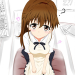  Score: 18 Tags: apron,brown eyes,brown hair,girl,highres,long hair,looking at viewer,ponytail,shirt,sitting,smile,solo,taneshima popura,tom-ani (artist),working