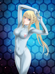  Tags: blonde hair,blue eyes,bodysuit,girl,long hair,metroid,nintendo,ponytail,samus aran,solo,tall image,tamamon (artist)