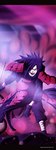  Tags: armor,blue eyes,dust,gloves,hair over one eye,long hair,male,naruto,open mouth,purple hair,rinnegan,robcv,single,smile,staff,tall image,uchiha madara