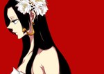  Score: 16 Tags: bare shoulders,black hair,blue eyes,boa hancock,earrings,flower (flowers),girl,hair flower,long hair,one piece,profile,red,single,wedding dress