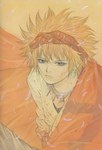 Tags: brown eyes,earrings,hairband,highres,hiroyuki asada,male,necklace,orange,orange hair,petals,scan,short hair,simple background,sitting,tall image,wind Tags: brown eyes,earrings,hairband,highres,hiroyuki asada,male,necklace,orange,orange hair,petals,scan,short hair,simple background,sitting,tall image,wind