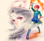 Rating: s Tags: 1boy 1girl ahoge black_hair boots card fire gloves hat hilda_rhambling mao_(tales) purple_eyes red_eyes red_hair shorts tales_of_(series) tales_of_rebirth thighhighs weapon