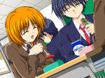Rating: s Tags: 1girl doushin eating food game_cg glasses komiya_haruto orange_hair satonaka_kei shirt short_hair