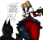 Rating: q Score: 28 Tags: 1girl anus artist_request ass batman batman_(series) blonde_hair dc_comics epic harley_quinn kanchou mask multicolored_hair pussy rifle see-through simple_background skirt tight_pants translated twintails
