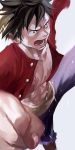Rating: s Score: 6 Tags: 1boy abs fighting_stance jumping male_focus monkey_d_luffy one_piece open_clothes open_shirt red_shirt scar solo