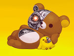 Rating: s Score: 3 Tags: arm_support bear bird chick glowing glowing_eyes lying machinery no_humans on_side parts_exposed rilakkuma robot sakkan simple_background stuffed_animal stuffed_toy t-800 teddy_bear terminator yellow_background