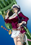 Rating: s Tags: 1girl baby_5 belt black_hair blue_eyes breasts cleavage drill_hair erect_nipples goggles gradient_background hand_on_hip highres large_breasts legs long_hair looking_at_viewer maid_headdress nel-zel_formula one_piece open_mouth simple_background skirt solo standing sword thigh_strap thighs weapon