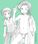 Rating: q Tags: 2boys blush gundam gundam_build_fighters iori_sei looking_at_viewer male_focus multiple_boys short_hair shota simple_background torajimaneko underwear undressing yasaka_mao