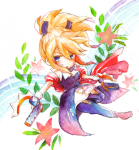 Rating: s Tags: 1girl blonde_hair blue_eyes breasts coat fingerless_gloves flower gloves gun legretta long_hair pantyhose ponytail scarf skirt tales_of_(series) tales_of_the_abyss weapon