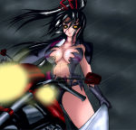 Rating: q Tags: 1girl armor black_hair black_sclera breasts color crossover katana kousaka_shigure large_breasts motor_vehicle motorcycle photoshop ponytail ribbon shijou_saikyou_no_deshi_ken'ichi solo sword vehicle weapon witchblade yellow_eyes
