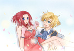 Rating: s Score: 2 Tags: 1boy 1girl bare_shoulders blonde_hair blue_eyes blush braid carrying code_geass couple dress earrings gino_weinberg gloves green_eyes jewelry kallen_stadtfeld long_hair mizusawa_nagi petals red_hair short_hair