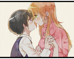 Rating: s Score: 1 Tags: 1boy 1girl black_hair blush breasts dress earrings eye_contact face-to-face gaw_(enasa) green_eyes hair_over_eyes hand_holding height_difference hetero interlocked_fingers jewelry livius_orvinus_ifriqiyah long_hair long_sleeves looking_at_another nike_remercier orange_hair payot profile purple_eyes rain shirt short_hair smile soredemo_sekai_wa_utsukushii vest wet white_shirt