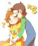 Rating: s Score: 3 Tags: 1boy 1girl blue_eyes blush brown_hair couple crown gloves hetero jewelry kiss luigi mario_(series) nintendo princess_daisy simple_background super_mario_bros.