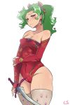 Rating: s Score: 2 Tags: 1girl :< bare_shoulders blush cameltoe cleavage earrings elbow_gloves embarrassed final_fantasy final_fantasy_vi green_hair leotard lightsource ponytail solo standing sword thighhighs tina_branford