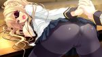 Rating: q Score: 38 Tags: 1girl areolae ass bent_over blonde_hair breast_press breasts breasts_outside chobipero eyepatch from_behind game_cg large_breasts legs long_hair looking_back nipples no_bra open_mouth panties pantyhose pantyshot ponytail school_uniform shin_shirogane_no_soleil_reanswer skirt thighs underwear upskirt