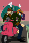 Rating: s Tags: 2boys alternate_costume bag bandanna hat male_focus monkey_d_luffy motor_vehicle multiple_boys one_piece one_piece:_strong_world pixiv_thumbnail resized roronoa_zoro scooter straw_hat vehicle