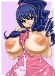Rating: q Score: 20 Tags: 1girl apron bare_shoulders blue_eyes blue_hair breast_suppress breasts breasts_outside female frakensteinko highres huge_breasts lactation long_hair minamino_misora naked_apron nipples open_mouth ponytail precure puffy_nipples simple_background solo standing suite_precure