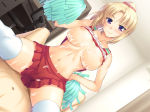 Rating: e Score: 45 Tags: artist_request blonde_hair blush breasts character_request cheerleader cum dutch_angle game_cg girl_on_top large_breasts navel nipples pom_poms ponytail purple_eyes sex shirt_lift skirt smile source_request tagme thighhighs white_legwear