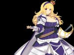 Rating: s Score: 9 Tags: 1girl armor belt blonde_hair blush breasts cleavage crown dress drill_hair evenicle game_cg hairband large_breasts legs long_hair looking_at_viewer natal parted_lips purple_eyes simple_background smile solo standing sword thighs weapon yaegashi_nan