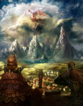 Rating: s Score: 14 Tags: bling brown_eyes brown_hair castle city cloud crown dragon fantasy forest gloves highres lake monster mountain nature scenery scepter town wall wyvern