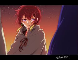 Rating: s Tags: 1girl akatsuki_no_yona cloak earrings gradient_background lips purple_eyes red_hair ribbon short_hair yona_(akatsuki_no_yona)