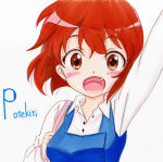 Rating: s Score: 2 Tags: 1girl arm_up fang happy inokuma_youko kin-iro_mosaic open_mouth potecat simple_background smile solo