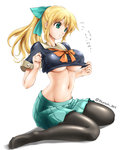 Rating: s Tags: 1girl akatsuki_matsumoto atago_(kantai_collection) blonde_hair bow breasts cosplay green_eyes hair_bow kantai_collection large_breasts mound_of_venus navel pantyhose parted_lips personification ponytail school_uniform serafuku sitting skirt solo white_background yuubari_(kantai_collection) yuubari_(kantai_collection)_(cosplay)
