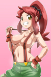 Rating: q Score: 6 Tags: 1girl breasts danball_senki hanasaki_ran midriff naked_suspenders navel nipples no_bra ponytail red_hair smile solo steam suspenders sweat tagme topless