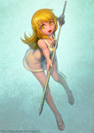 Rating: q Tags: 1girl absurdres artist_name bakemonogatari blonde_hair blue_background fangs hellcherr highres katana long_hair monogatari_(series) open_mouth oshino_shinobu see-through solo sword watermark weapon web_address yellow_eyes